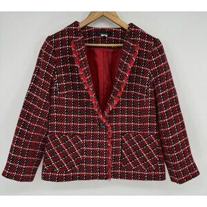 Talbots‎ Red Black Plaid Tweed Blazer Jacket Fringe Trim Classic Preppy Size 8
